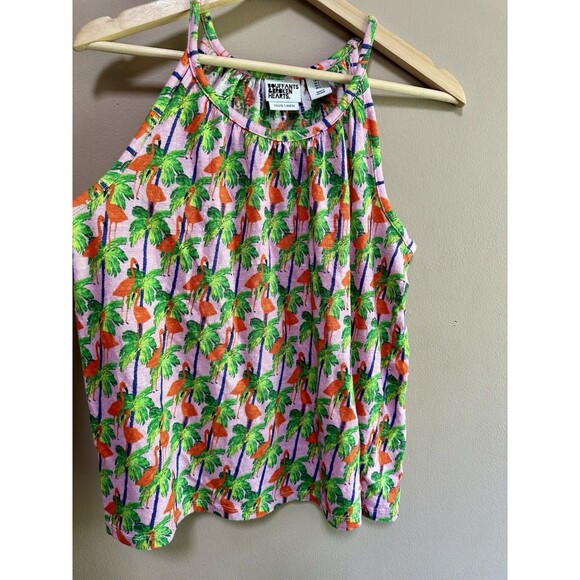 Bouffants & Broken Hearts 100% Linen Pink Flamingos Summer Tank Top Size L - Picture 2 of 7